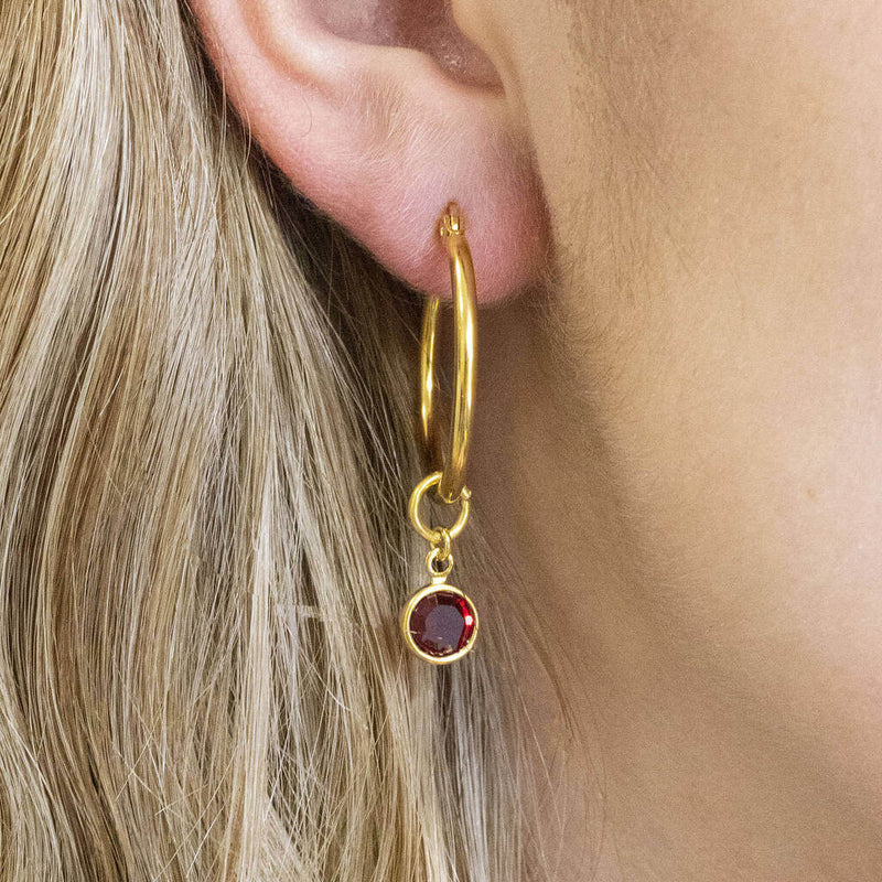 Image shows model wearing Birthstone Charm Hoop Earrings