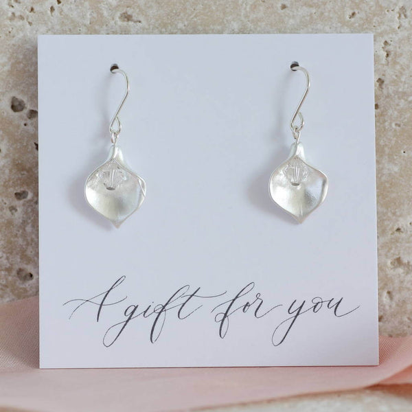 Silver calla lily birthstone earring with April Crystal birthstone presented on A gift for you sentiment card