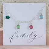 Image shows family birthstone charm bracelet on a family sentiment card