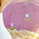 Image shows Lilac and blue glass tulip necklace