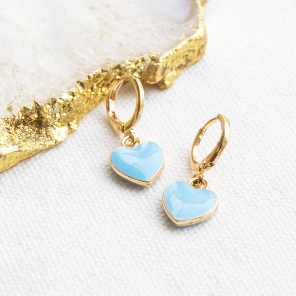 Image shows Gold Plated Blue Heart Enamel Huggie Hoop Earrings