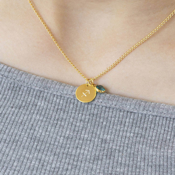 Image shows model wearing Gold Zodiac Birthstone Charm Necklace