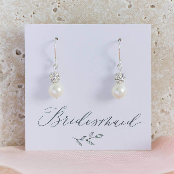 Image shows Pearl and Swarovski Glitter Ball Earrings on a Bridesmaid sentiment card