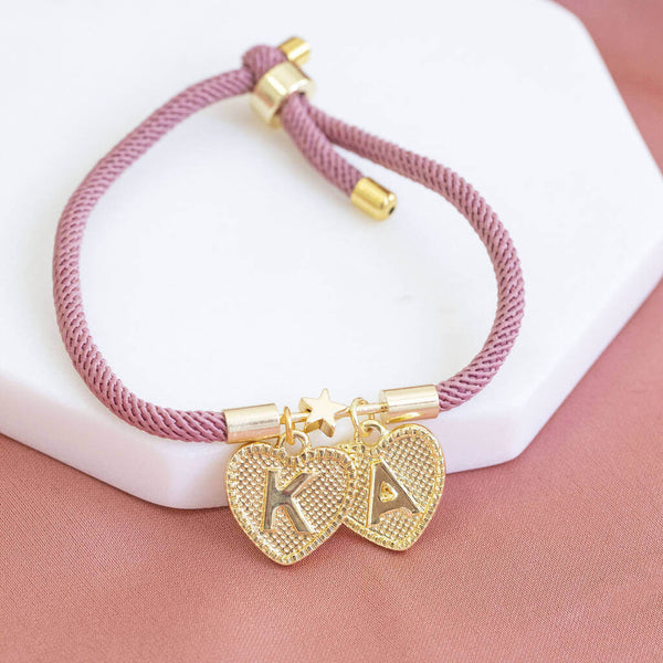 Image shows Personalised Gold Plated Hearts Friendship Bracelet with initials K and A