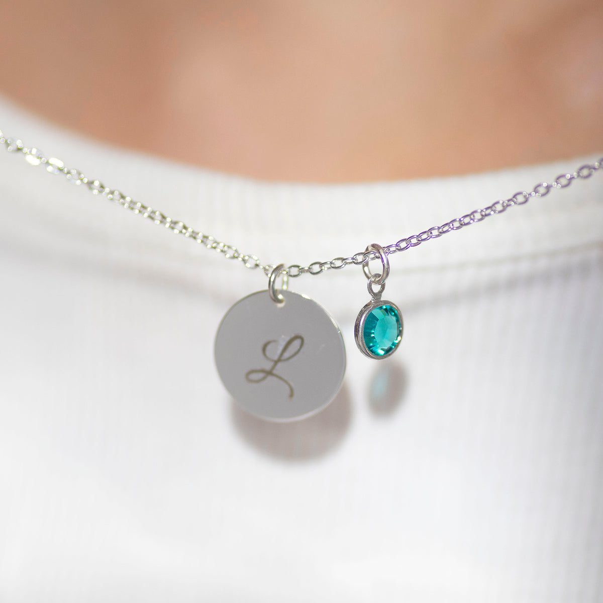 Silver Script Initial Birthstone Disc Necklace
