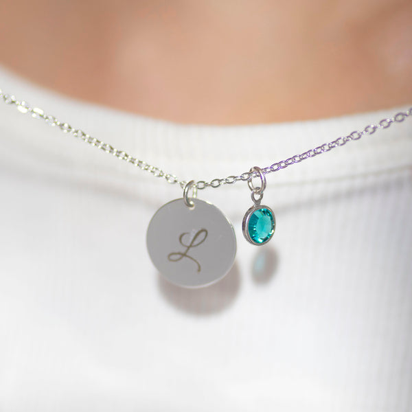 Silver Script Initial Birthstone Disc Necklace