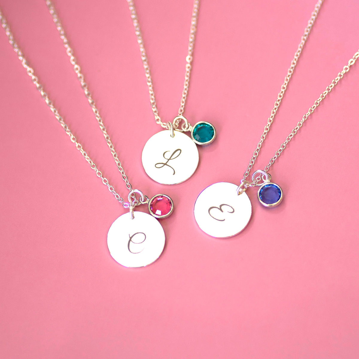 Silver Script Initial Birthstone Disc Necklace
