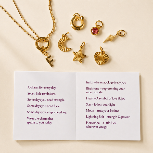 Personalised Week Of Charms Necklace in gold with pink birthstone and star charms styled on a pink heart dish beside interchangeable charms and meaning card.