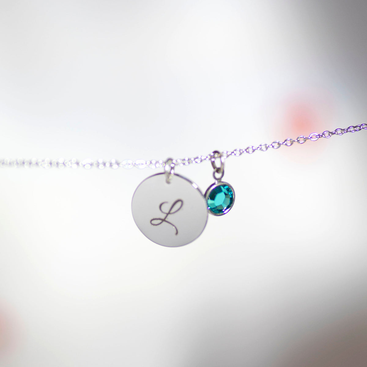 Silver Script Initial Birthstone Disc Necklace