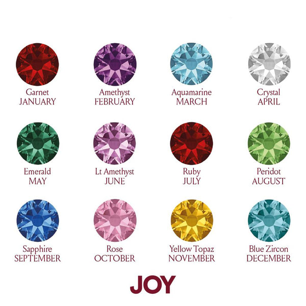 Image shows Swarovski Crystal Birthstones Chart, from top left; Garnet January, Amethyst February, Aquamarine March, Crystal April, Emerald May, Light Amethyst June, Ruby July, Peridot August, Sapphire September, Rose October, Yellow Topaz November, Blue Zircon December.