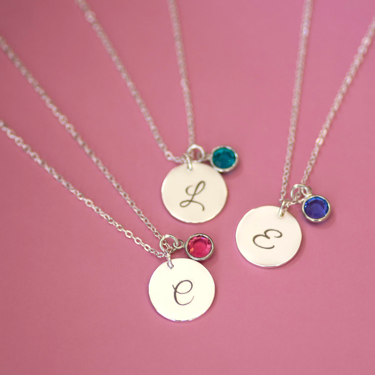 Silver Script Initial Birthstone Disc Necklace