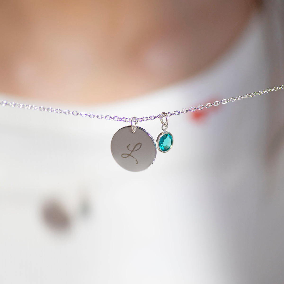 Silver Script Initial Birthstone Disc Necklace