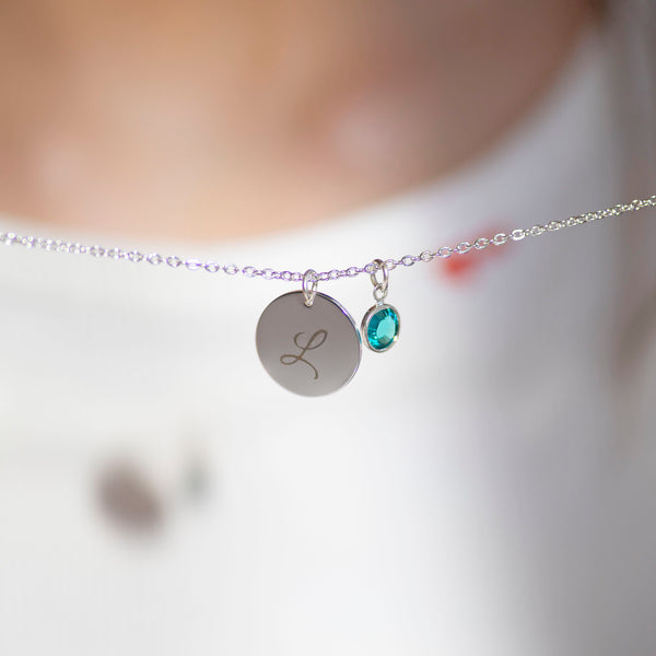 Silver Script Initial Birthstone Disc Necklace