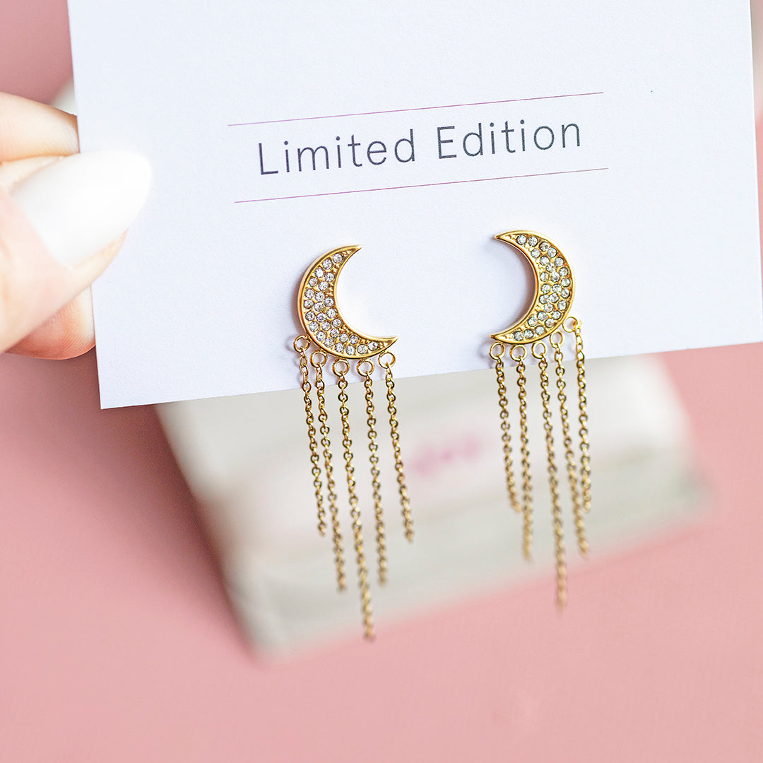 Sparkle Moon Earrings With Chain Drape Detail