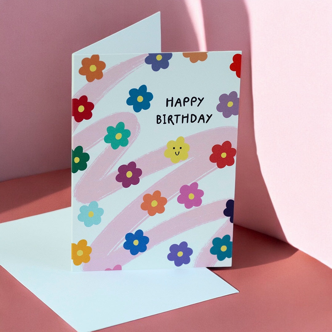 Floral Smiley Face Happy Birthday Card