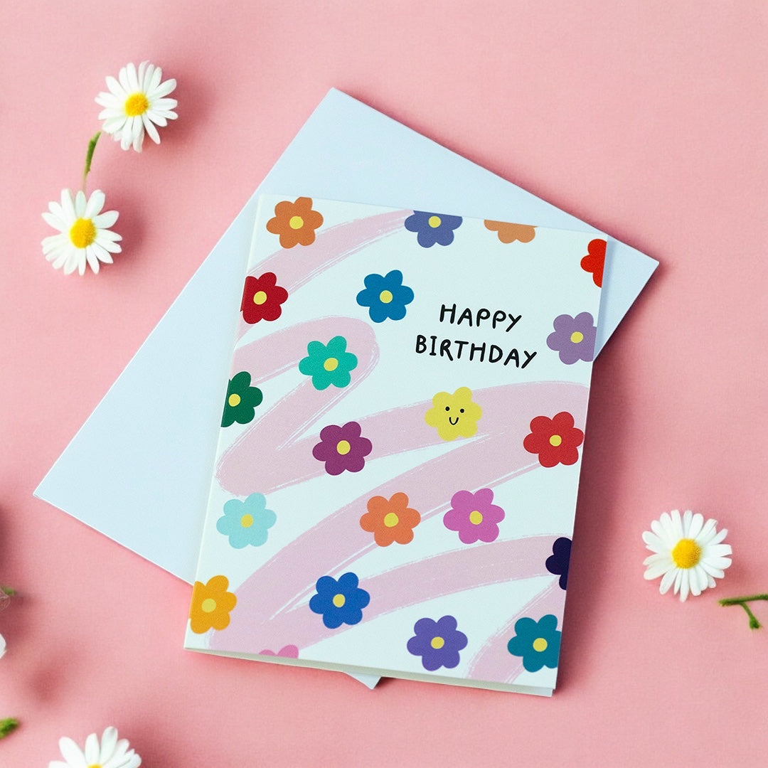 Floral Smiley Face Happy Birthday Card