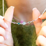 Sterling silver Mother and Four Children Birthstone Link Necklace with five linked birthstones in blue, green, and clear tones, worn with a cosy green jumper.