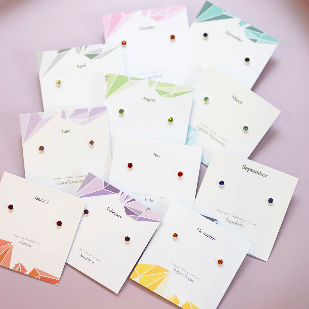 Sterling Silver Minimalist Birthstone Stud Earrings displayed on birthstone charcteristics cards.