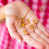 Personalised Week Of Charms Necklace in gold with initial, pink birthstone and star charms held in hand beside interchangeable moon, heart, lightning bolt and horseshoe charms.