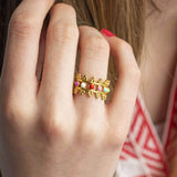 Image shows model wearing Adjustable Multicoloured Enamel Crown Ring