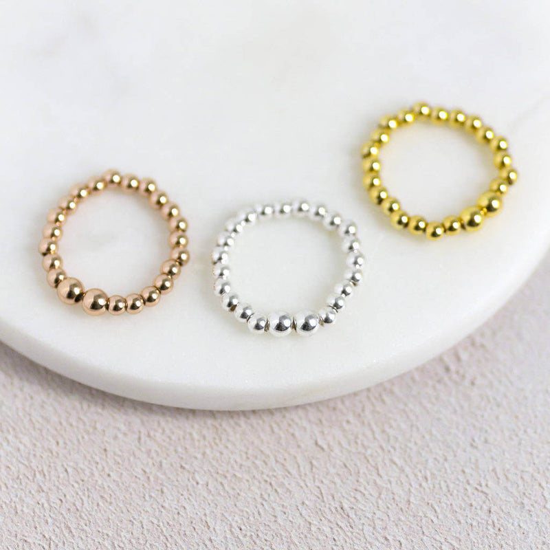 Image shows gold, silver and rose gold Beaded Stacking Stretch Rings