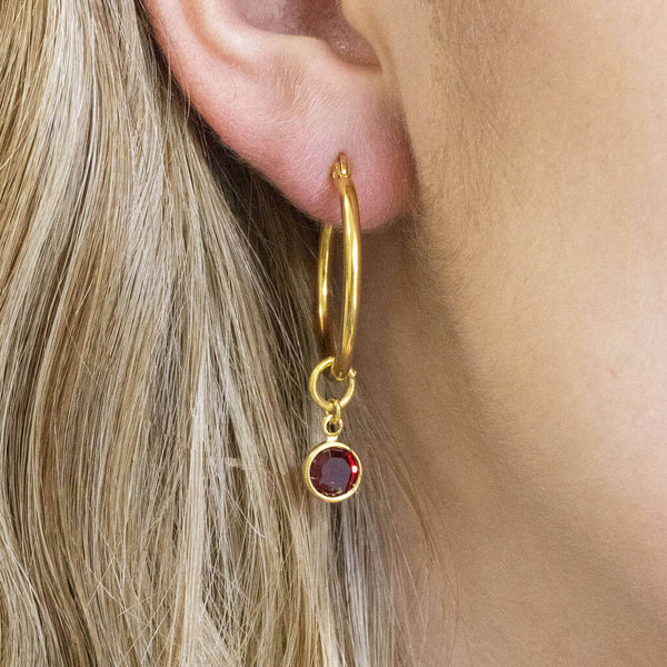 Image shows model wearing Birthstone Charm Hoop Earrings