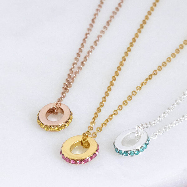 Image shows rose gold, gold and silver Birthstone Studded Oval Ring Necklace