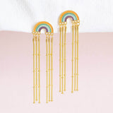 Image shows boho rainbow earrings with long chain drop