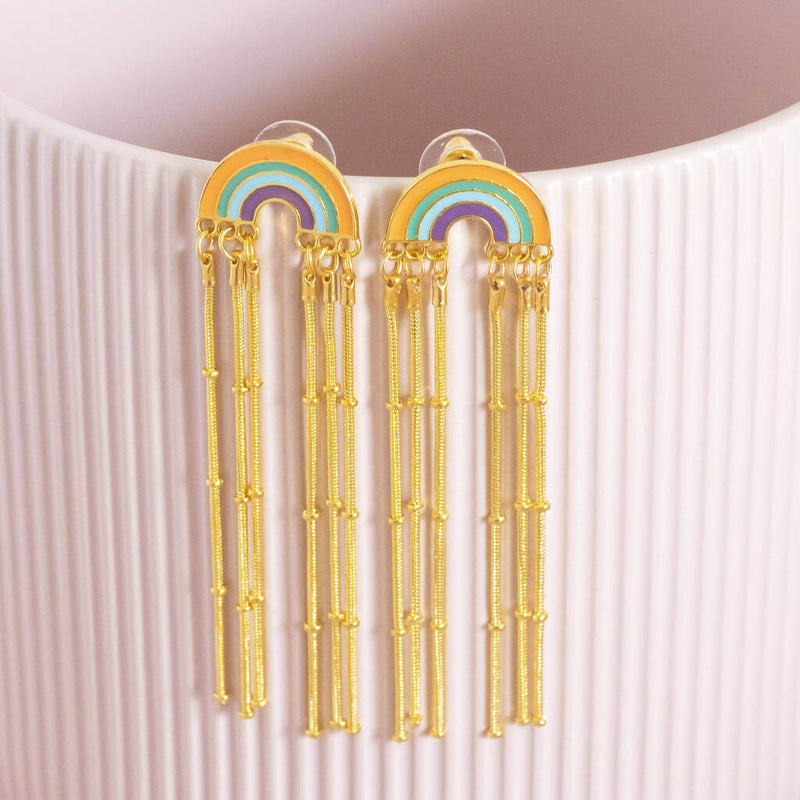  Image shows boho rainbow earrings with long chain drop