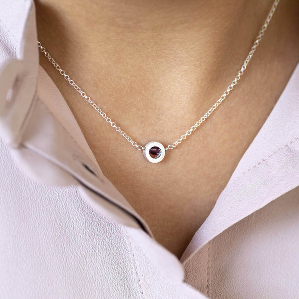 Image shows model wearing Brushed Silver Circle Birthstone Necklace
