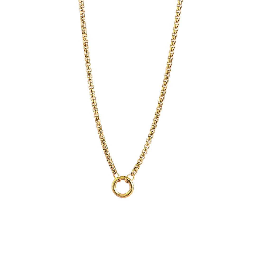 image shows gold plated box chain charm keeper necklave on a white background