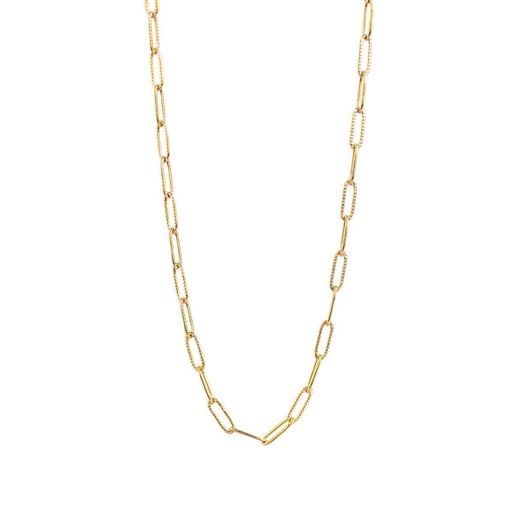 Image shows a gold plated textured paperclip chain on a white background