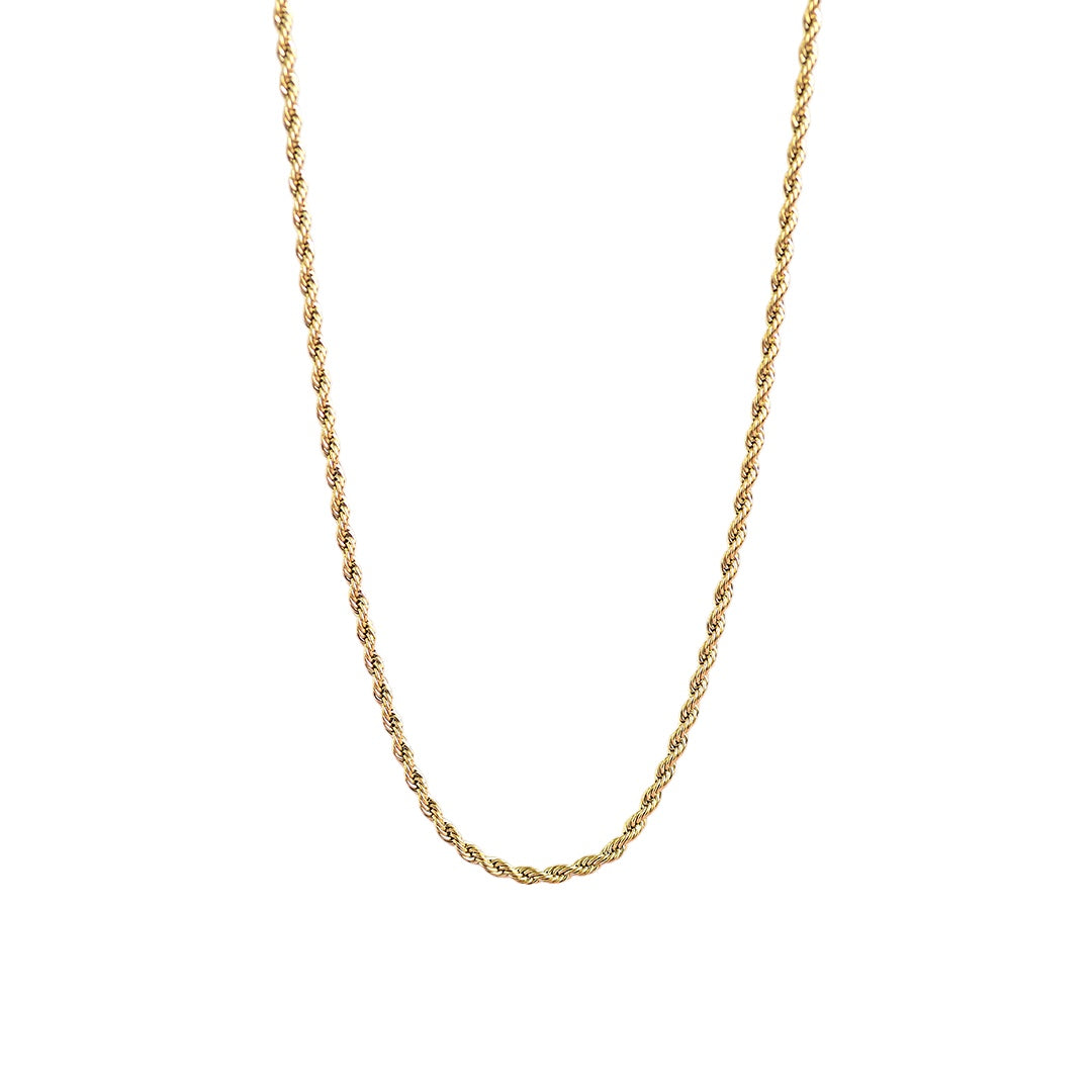 image show a gold plated rope chain on a white background