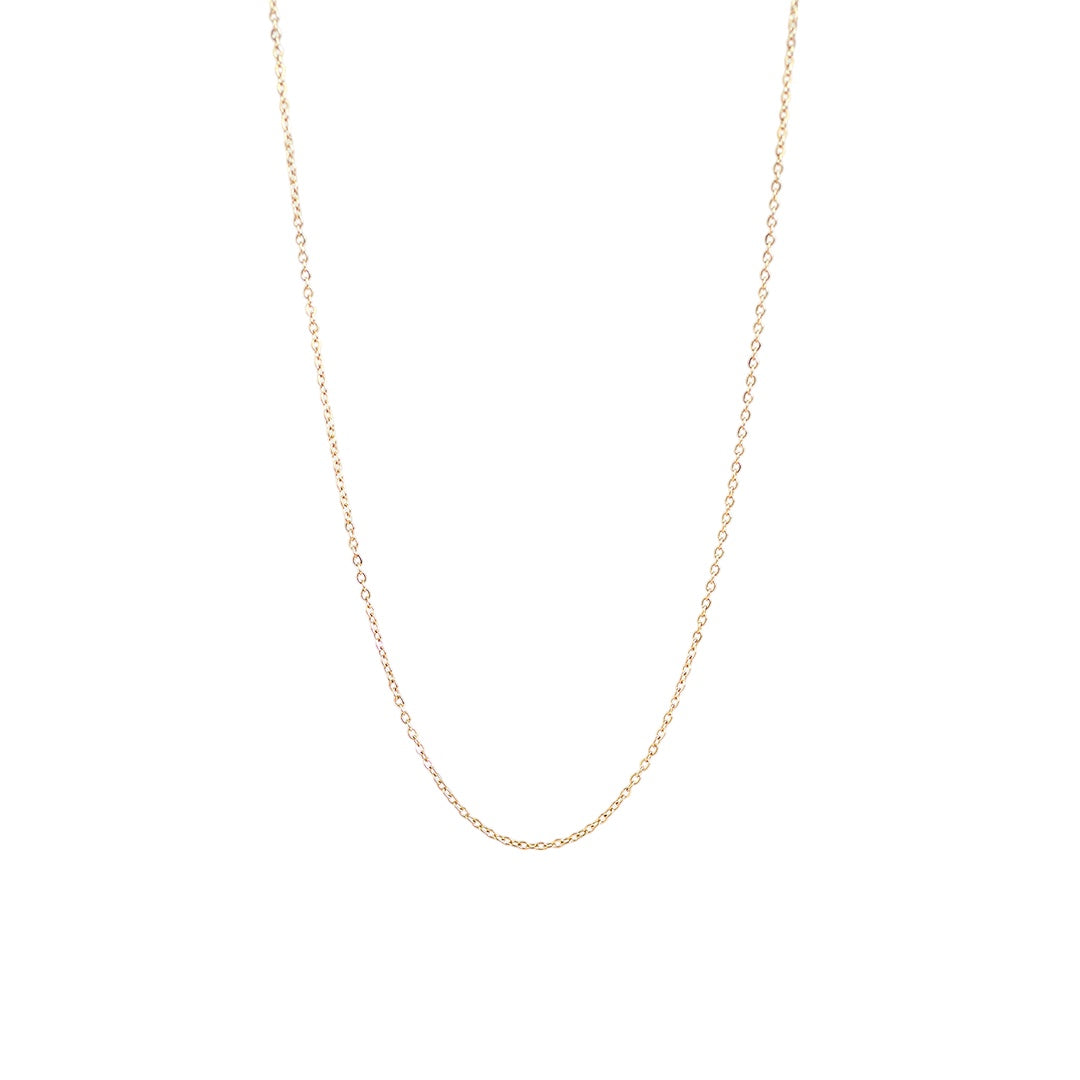 image shows a gold plated lightweight fine trace chain on a white background