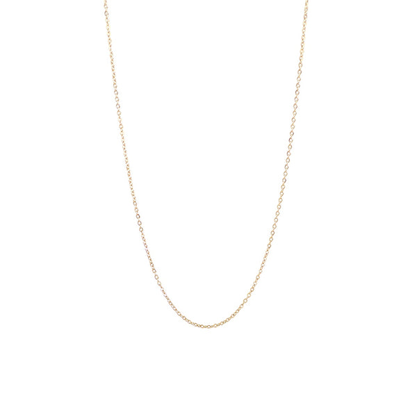 image shows a gold plated lightweight fine trace chain on a white background