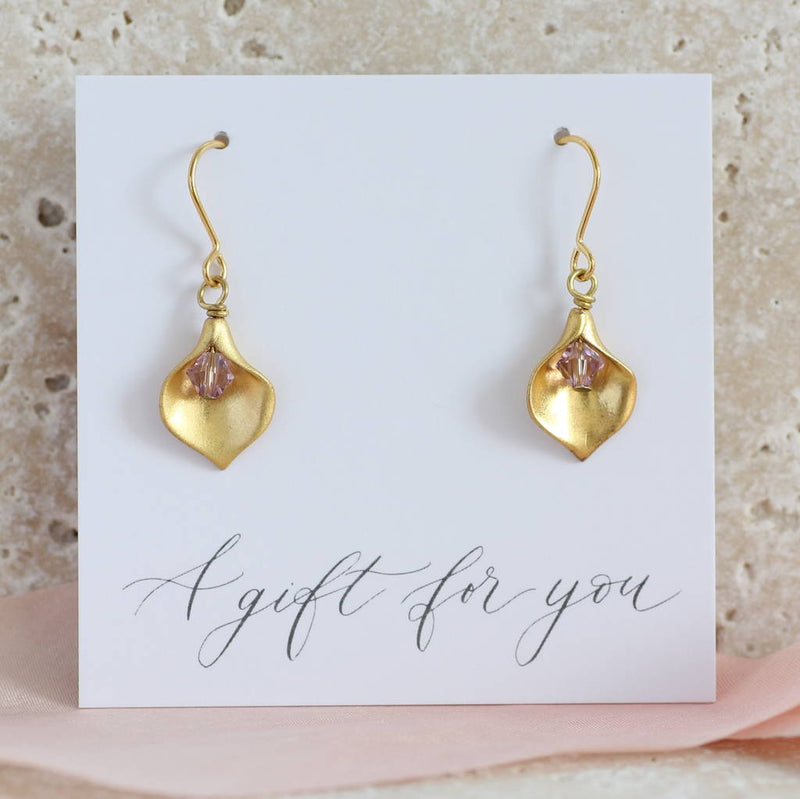 Gold calla lily birthstone earring with June light amethyst birthstone crystal presented on a gift for you sentiment card