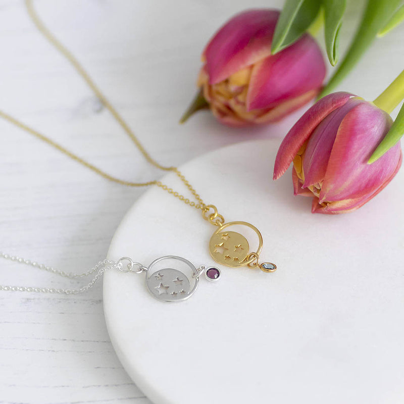 Image shows silver and gold Celestial Birthstone Necklace