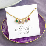 Image shows Charm Bracelet with Family Birthstone Hearts on Mum sentiment card in a purple trinket dish