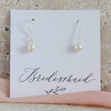 Silver classic pearl drop earring on the bridesmaid sentiment card 