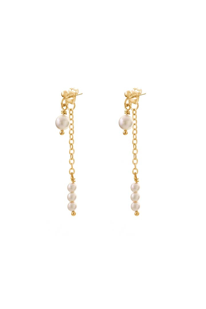 Double Drop Pearl Chain Earrings Gold Plated