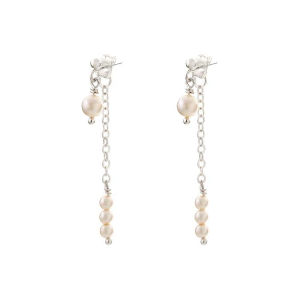 Double Drop Pearl Chain Earrings Silver Plated