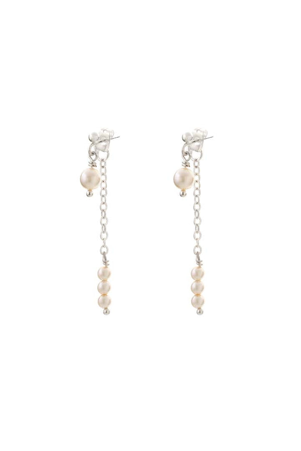 Double Drop Pearl Chain Earrings Silver Plated
