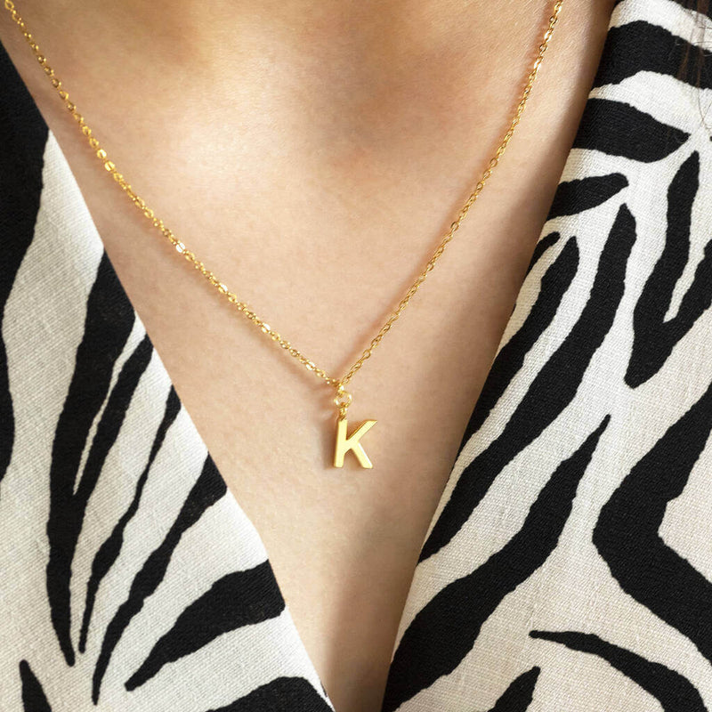 Image shows model wearing Dainty Gold Plated Initial Necklace