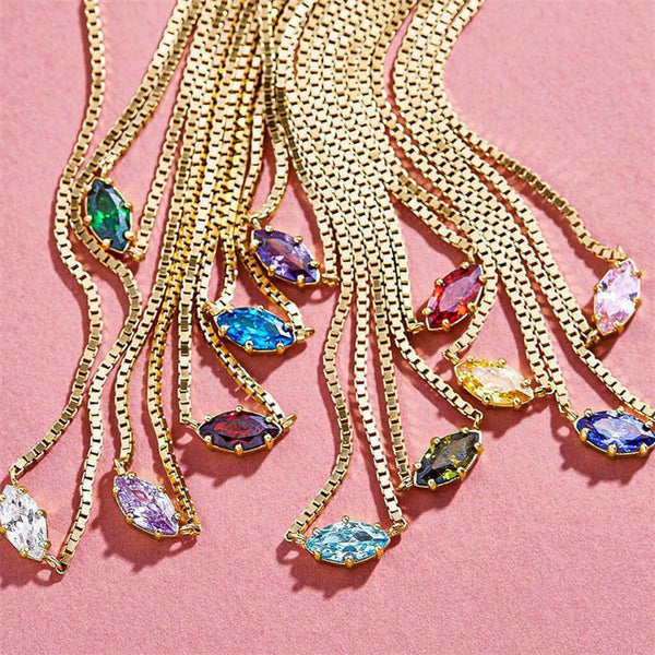Image shows all dainty gold plated navette birthstone necklaces