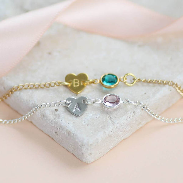 Sterling Silver Bracelet - With Engraved Heart & Birthstone Charm