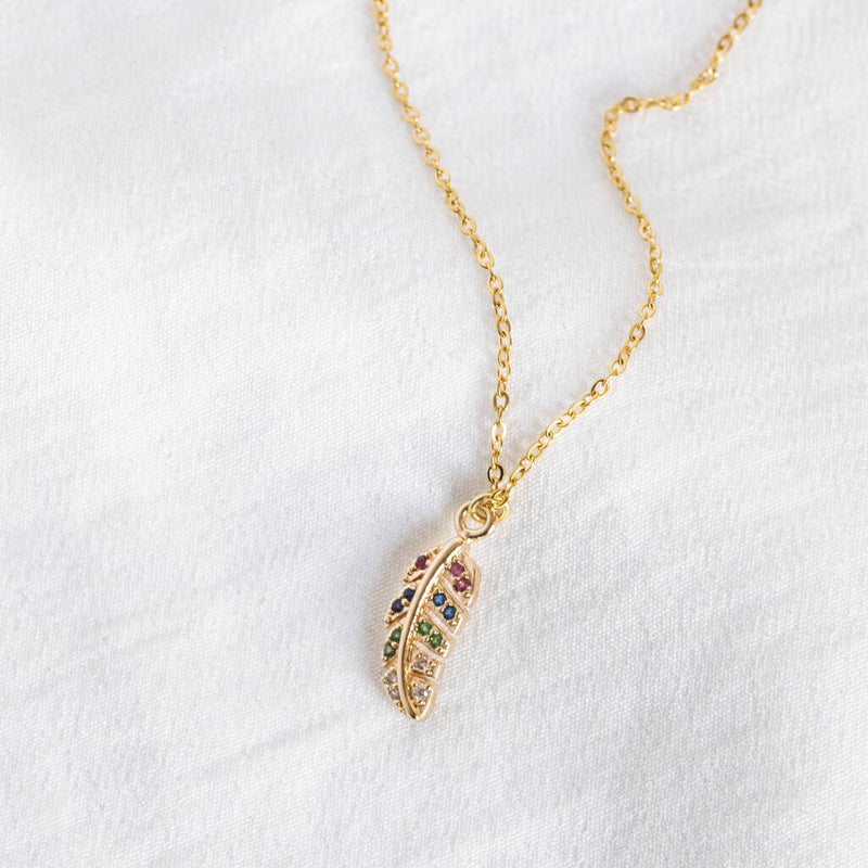 Image shows Dainty Multi Coloured Gold Feather Necklace