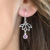 Image shows silver Delicate Lotus Birthstone Earrings with October birthstone