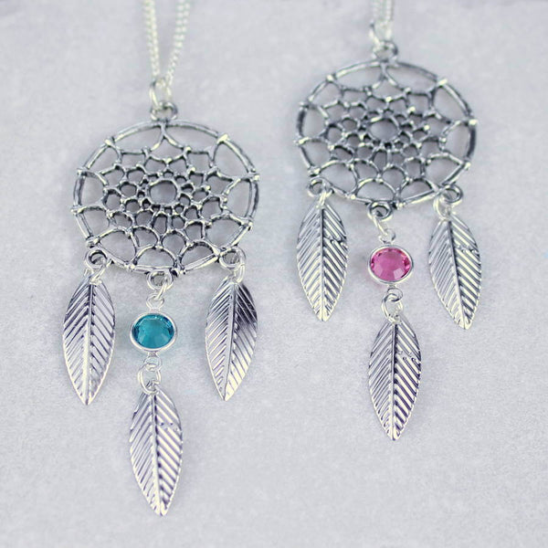 Image shows two Dreamcatcher Birthstone Necklace 
