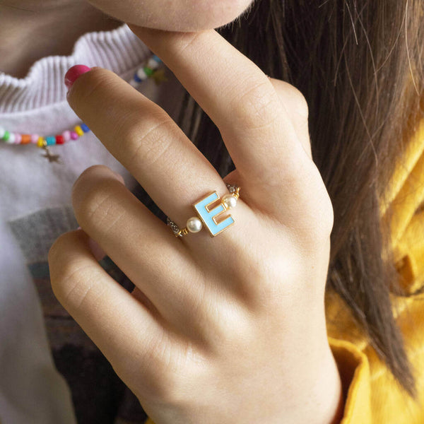  Image shows model wearing enamel initial adjustable chain ring with the initial E