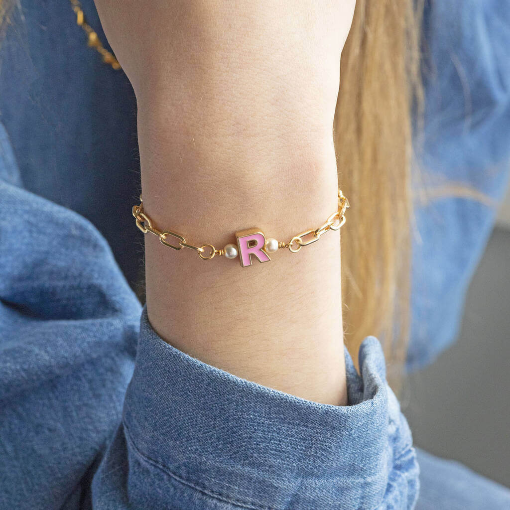 Enamel Initial Bracelet with Pearl Detail JOY by Corrine Smith